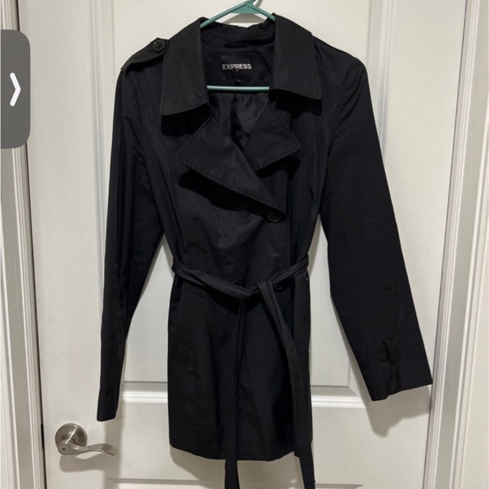 Express Black trench coat. Buttons are espresso colored. Tie front. Pockets. **